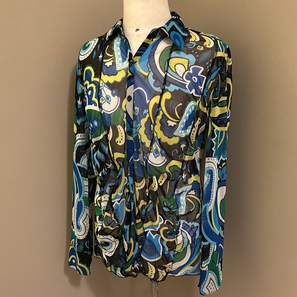 Erin London Blouse Green Blue Yellow Button Up Size Large